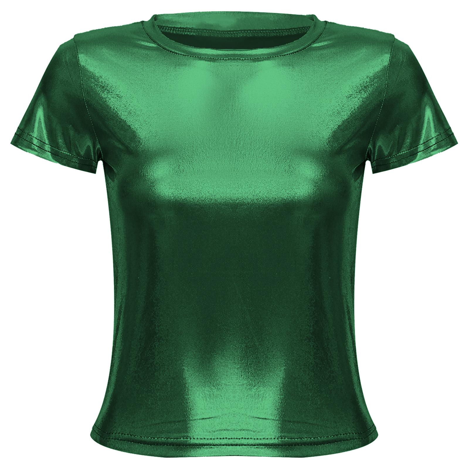 

Жіноча вечірня футболка з металевим блиском, глянсова, з коротким рукавом, топ з круглим вирізом, світловідбиваючий танцювальний одяг для рейвів та фестивалів XXL зелений