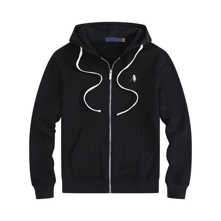 Herren Baumwolle Langarm Bestickter Pferd Polo Hoodie mit Reißverschluss Cardigan und Samtfutter für Herbst und Winter