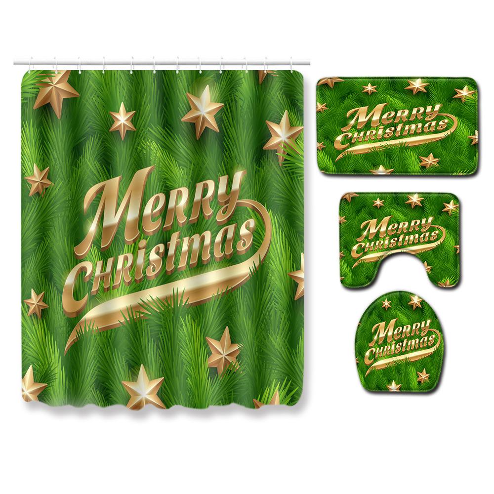 Christmas Bathroom Non-Slip Doormat Bathroom Waterproof Shower Curtain Toilet Floor Mat Four-Piece Shower Room Absorbent Carpet