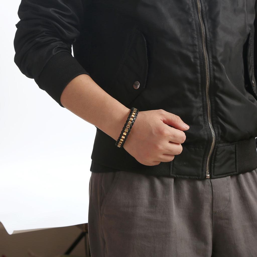 Classic Hand Woven Stainless Steel Leather Bracelets For Men Gold Black Color Charming Jewelry Punk Hip-Hop Bracelets Gift