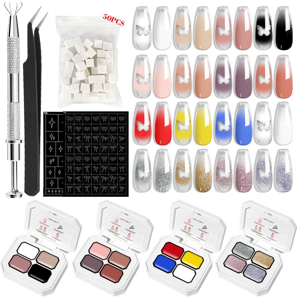 New Nail Art Stamp Gel Kit No-Wipe 4-Color Gradient Soak-Off Nail Polish Transparent Glass Gel Solid