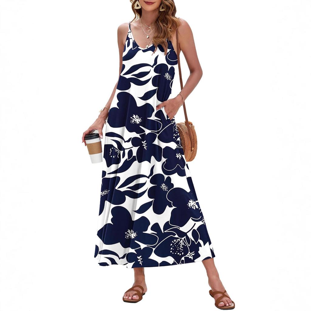 2026 Elegant European & American Spaghetti Strap Long Printed Dress with Pockets
