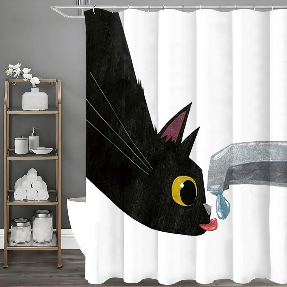 Cartoon Black Cat Drinking Shower Curtain, Bathroom Decorative Shower Curtain, Waterproof Shower Curtain With Hooks