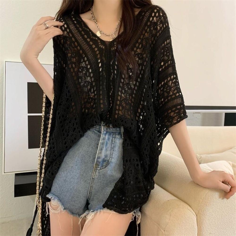 Oversized Knitted Bikini Cover Up V-neck Beach Wear Casual Hollow Out Swimsuit Cover Up  Pool