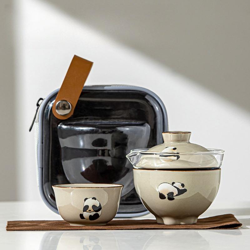 Plant Ash Cartoon Panda Glass Travel Tea Set Portable Car Outdoor Camping One Pot Two Cups Tea Kit Household Goods