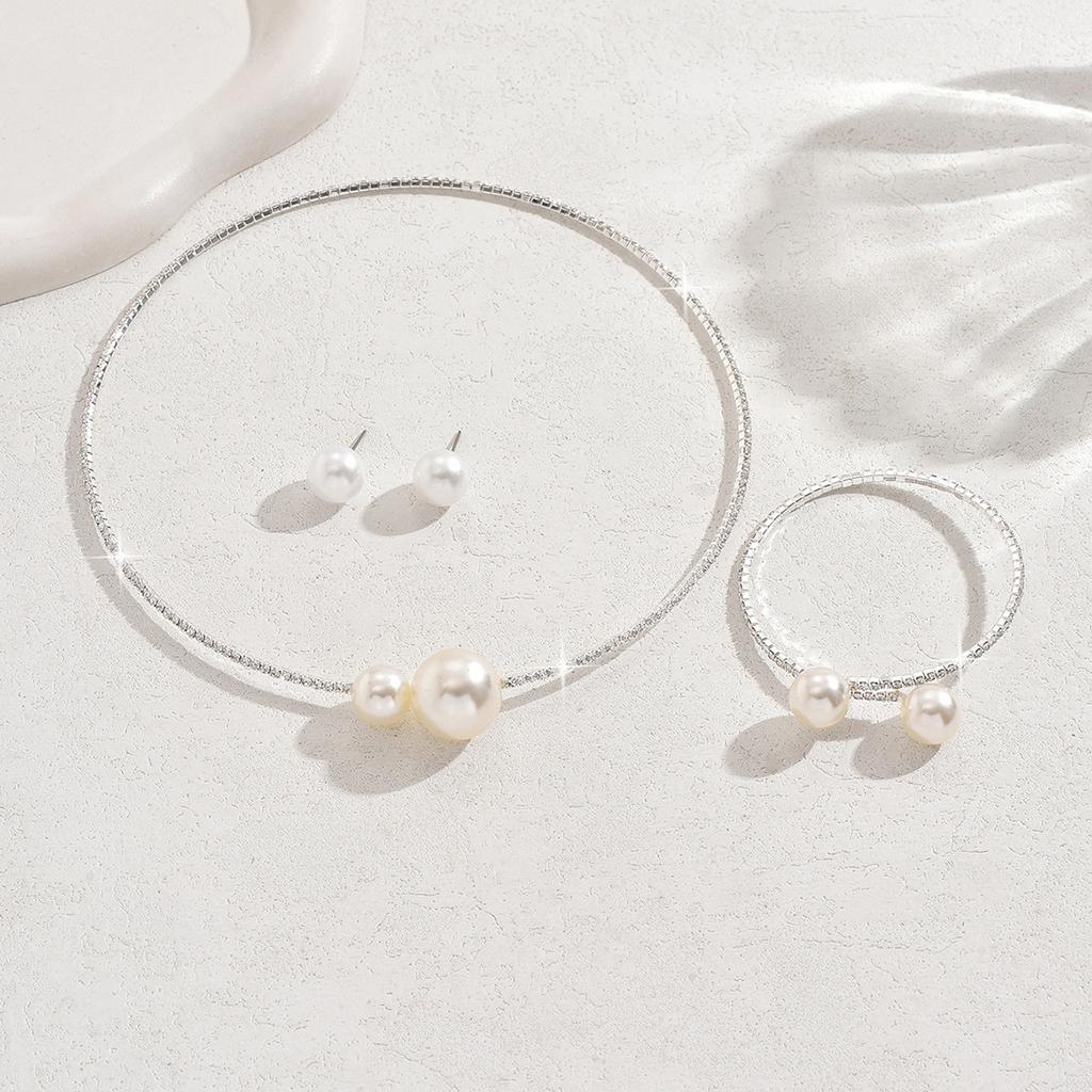 Einfacher Schmuck Elegante Funkelnde Strass Perlen Kragen Halskette Ohrstecker Armband