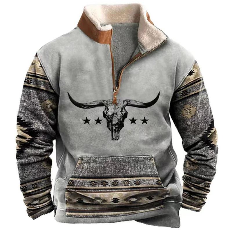 Men S Stand Collar Fleece Lined 3d Printed Long Sleeve Loose Pullover Sweatshirt