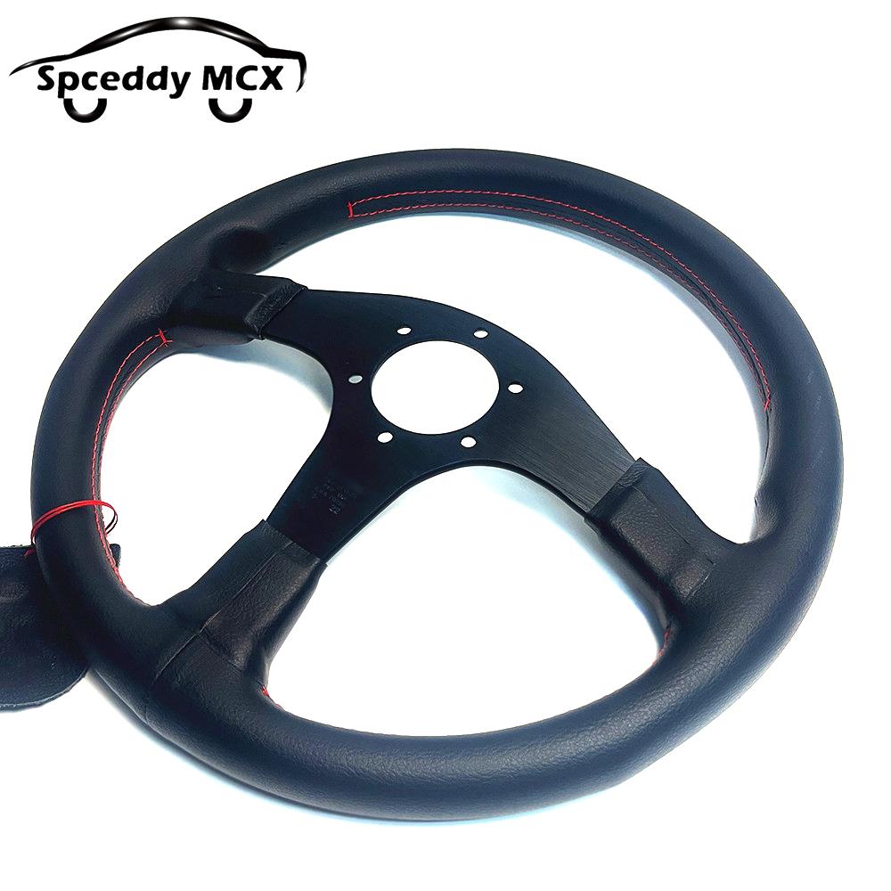 Racing Drift Sport Steering Wheel Real Leather 14inch With Red Stitching 350mm Diameter For Car Universal Modified