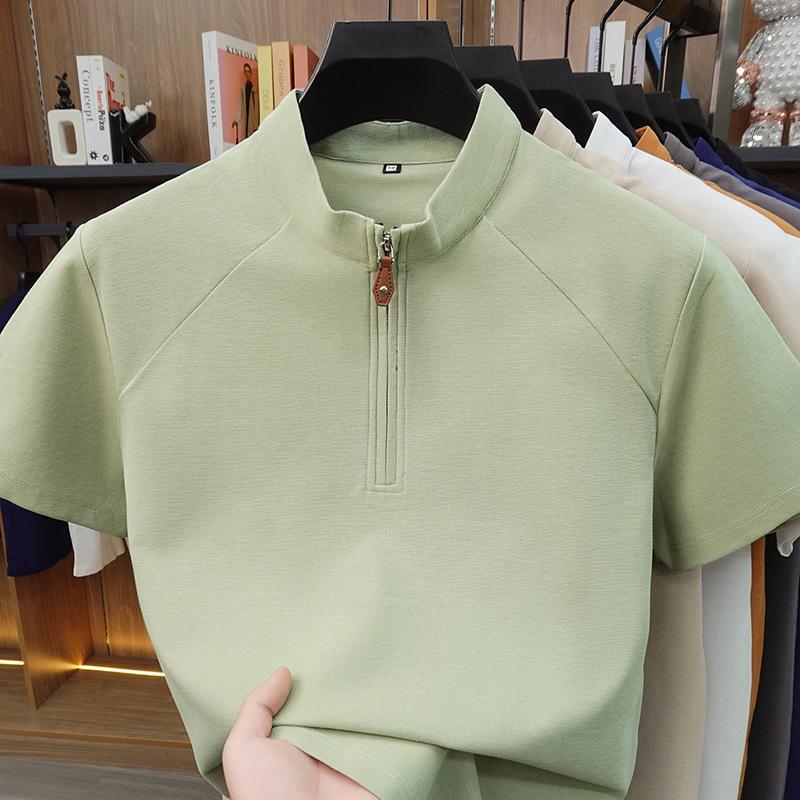

Men s Summer Half-Zip Stand Collar Cotton T-Shirt - Casual Short-Sleeve Top XXL светло-зеленый