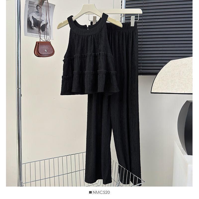 

Летний повседневный комплект из двух предметов без рукавов 2024: Топ-слинг облегающего кроя и свободные брюки M чёрный