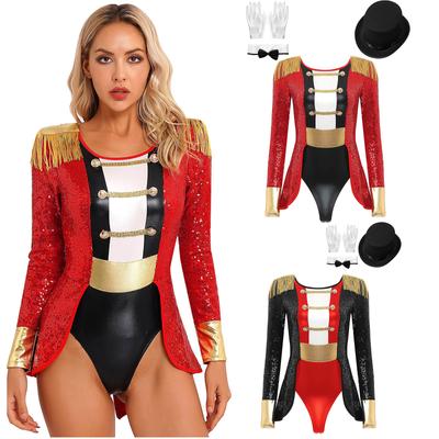 Womens Ringmaster Bodysuit Long Sleeve Round Neck Fringed Shoulder Sequin Patchwork Design Circus Costume Set