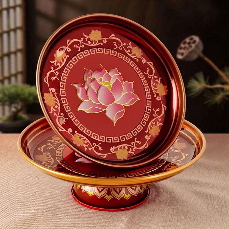 Fruit Offering Plate for Buddha, Deity Altar Plate with Alloy Lotus Flower, God of Wealth, Guanyin Bodhisattva.