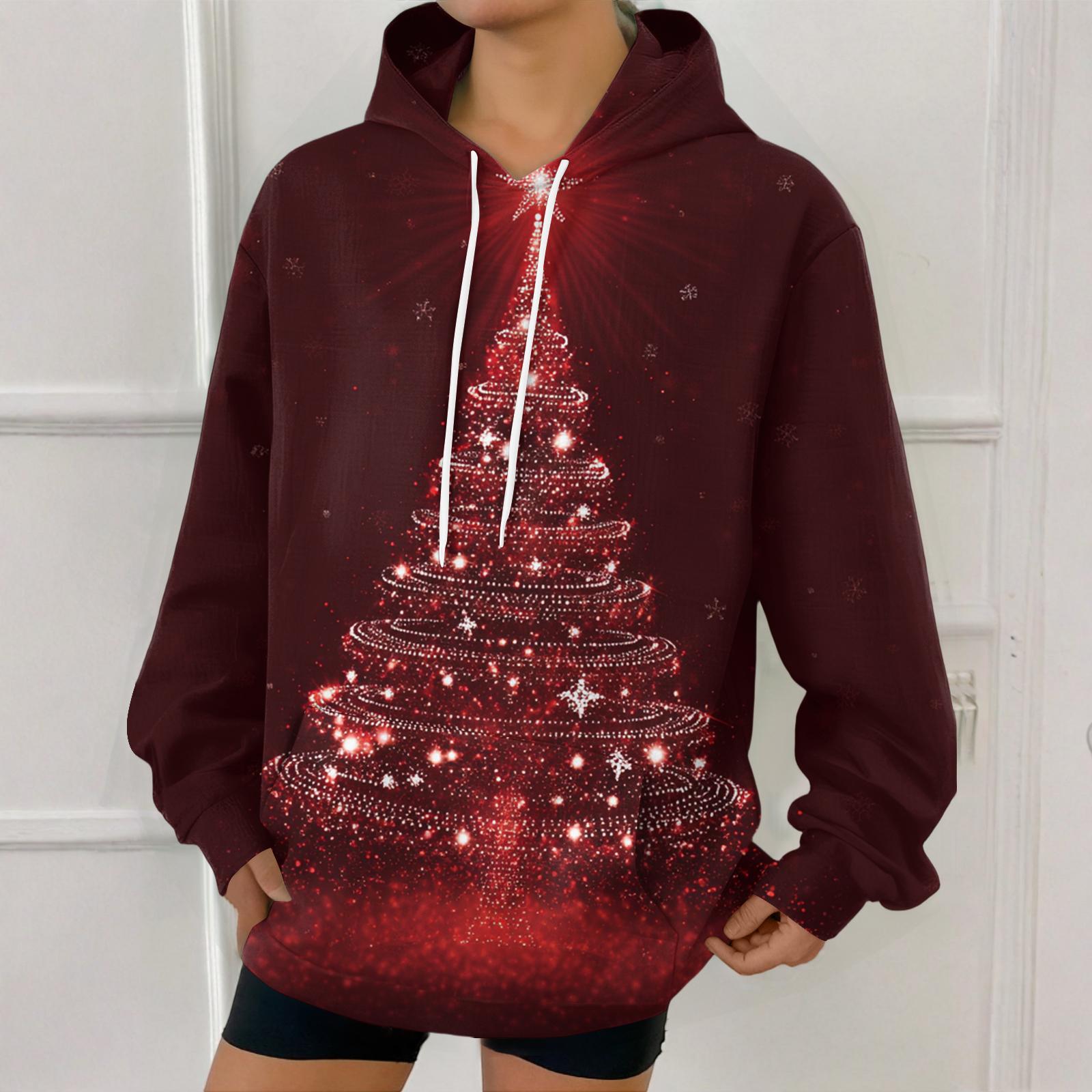 

Женская модная толстовка с рождественским принтом, повседневная толстовка с капюшоном и карманами XL красный