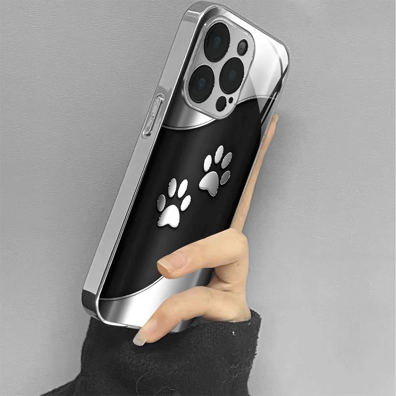 Black Silver Cute Paw Print Curve Pattern Tempered Glass Phone Case For iPhone 17 16 15 14 13 12 11 Pro Max 16 Plus 17 Air Cover