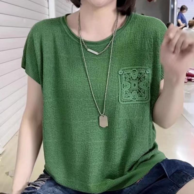 

Summer Women s Round Neck Knitted T-shirt Knitted Sweater Loose Short Sleeved Top 3XL зелений