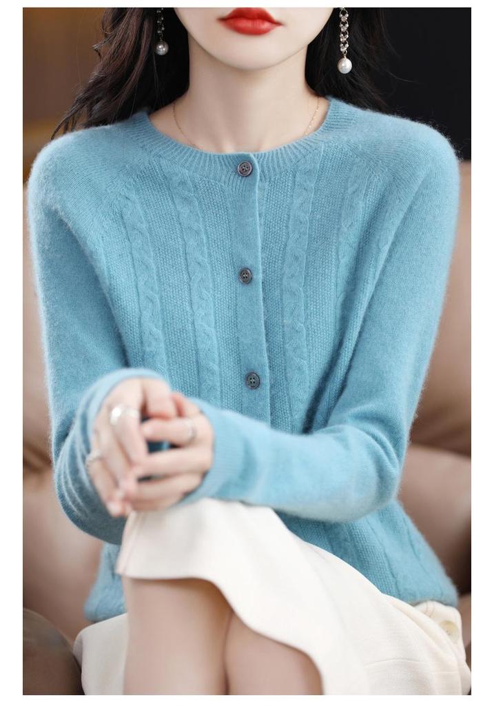 Women's Spring Cashmere Cardigan - Round Neck, Solid Color, Cable Knit, Loose Fit, 100% Pure Wool Sweater