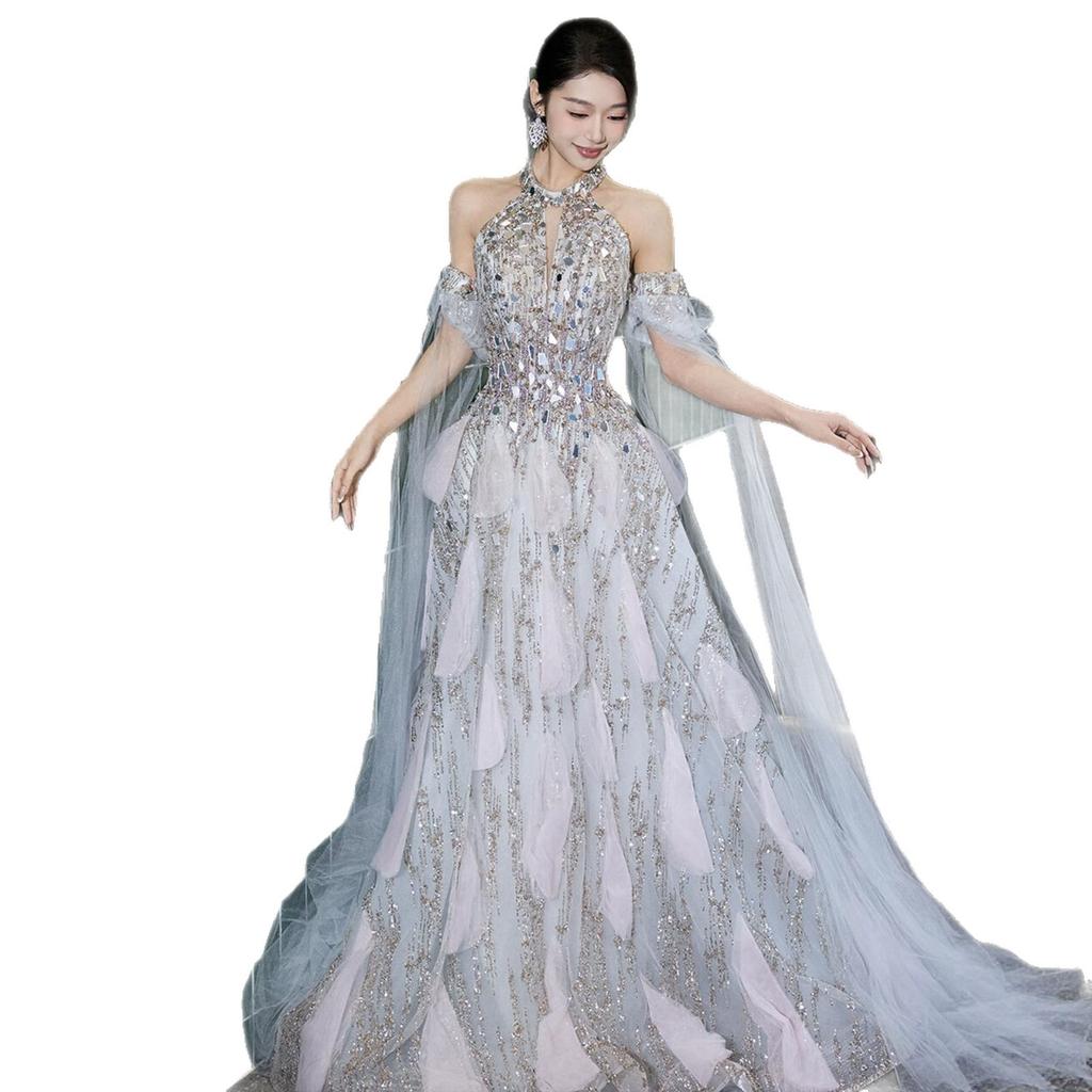 Evening dress women's 1011 new neck engagement morning robe heavy industry light luxury bridal toasting clothes host catwalk dress