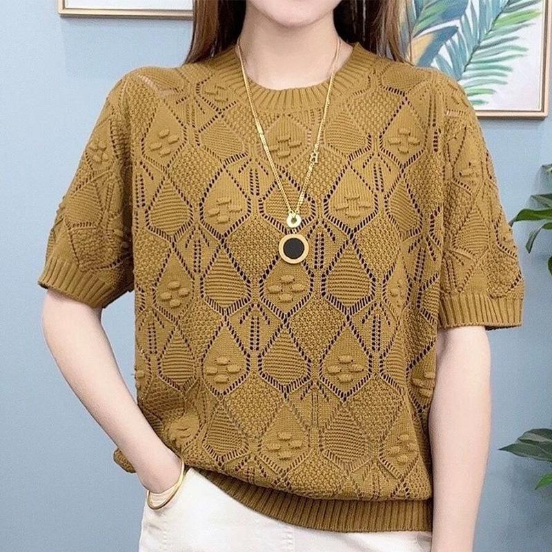 Sommer Damen Hohl Ice Silk Strickpullover Lose Kurzarm Modisches Strickoberteil für Damen