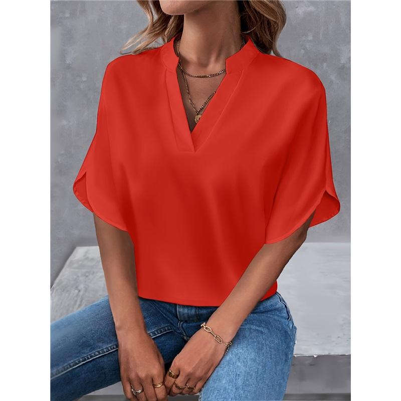 Summer Casual Solid Color V-neck Loose Shirt Blouse Women