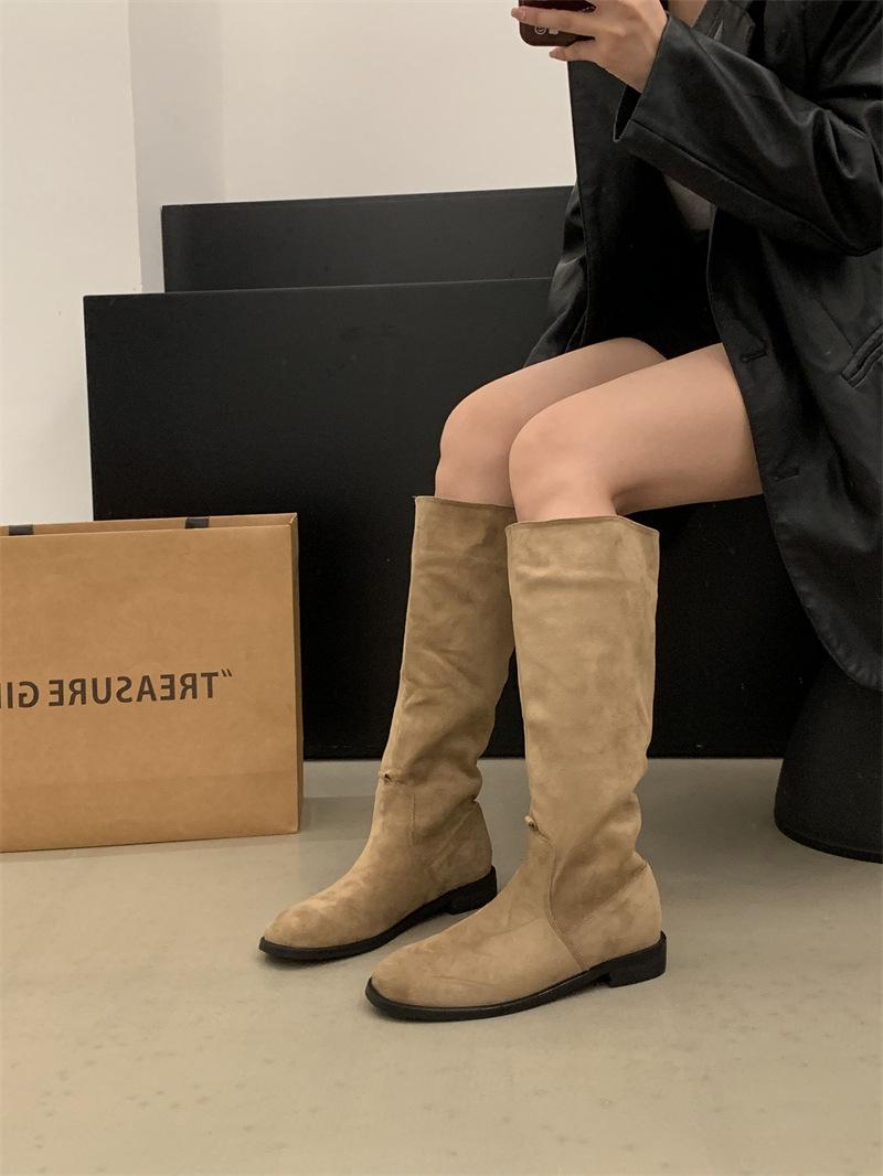 

Heel Khaki Suede Pile Boots Women s Boots 2025 Autumn/Winter Skinny Boots Long Boots Medium Knight Boots 39