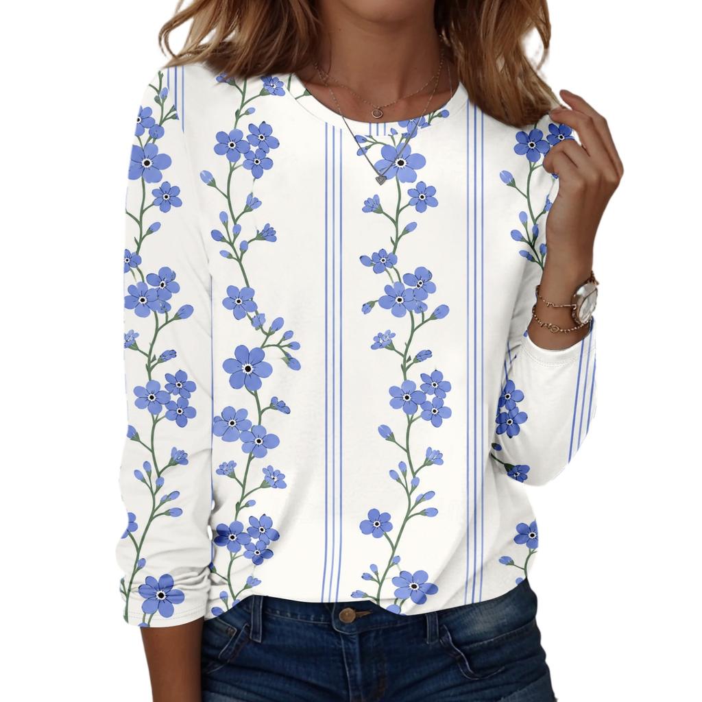 Women's Casual Long Sleeve Floral Print Round Neck Top for Everyday Wear