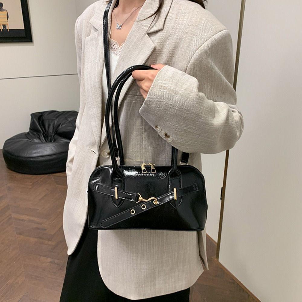 Korean Style Retro Shoulder Bag Solid Color Bowling Bag Fashionable Underarm Bag  Travel