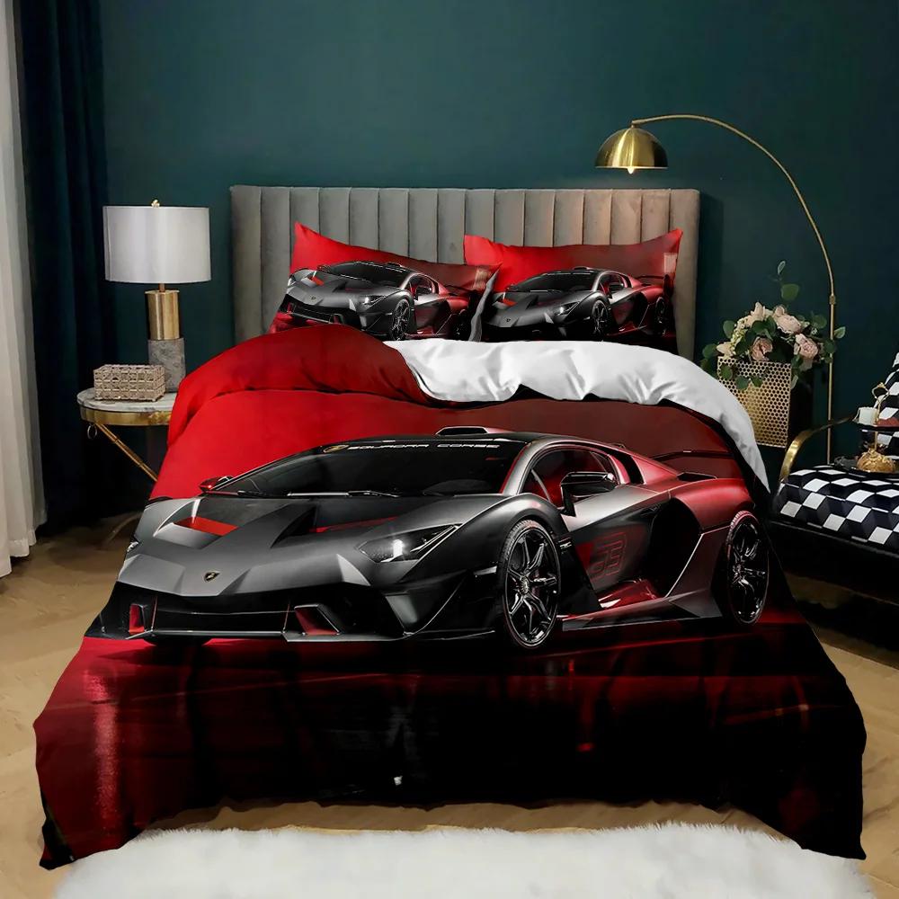 Race Car Duvet Cover Set King Queen Twin Size Red Flame Comforter Cover 3D Sport Car Theme For Boys Girl Polyester Bedding Set