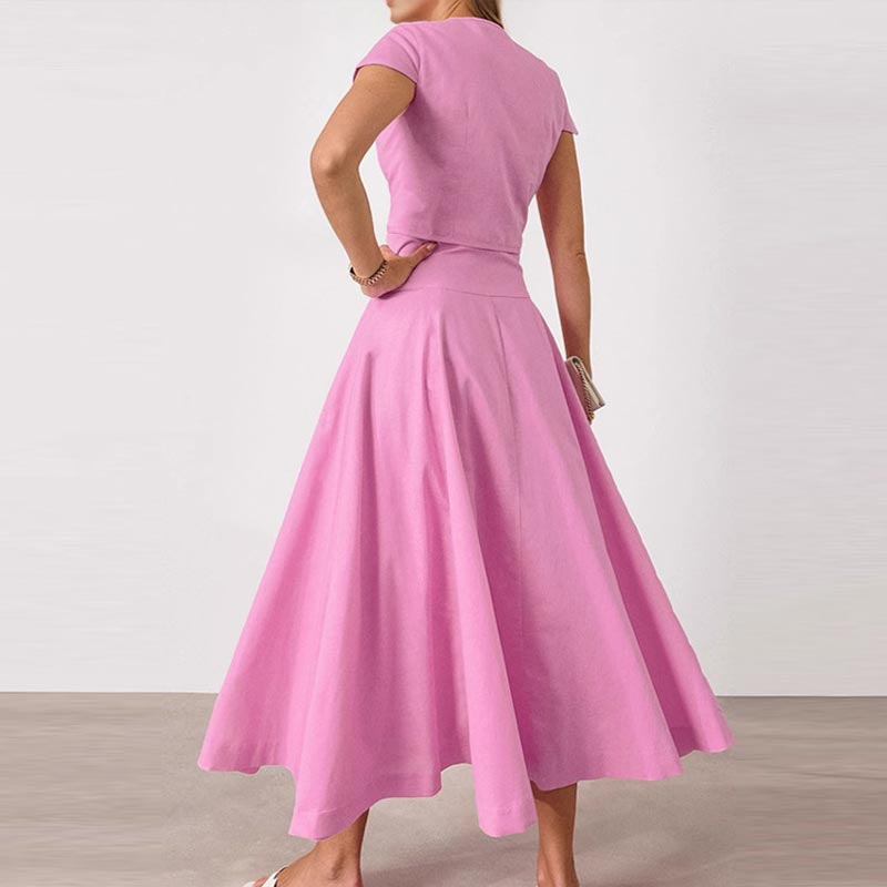 Women's Skirt Set Solid Color O-neck Short Sleeved Slim Top A-line Loose Short Skirt 2025 Summer New Fashion Women's Two-piece Set