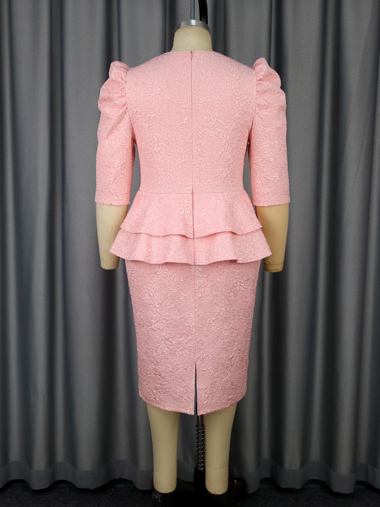 Peplum Jacquard  Midi Dresses for Women with Puff Sleeves and Layered Waist Detail for Church Weddings and Elegant Formal Events