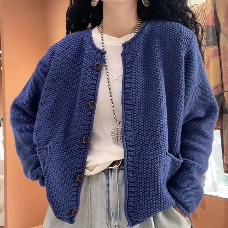Round Neck Long-sleeved Knitted Cardigan Sweater Jacket for Women Spring Korean Style Loose and Fashionable Age-reducing Top