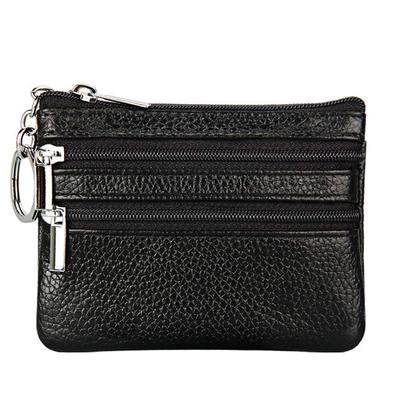 Carteira Mini de Couro Genuíno Feminina Porta-Moedas Bolsinha Porta-Trocos com Argola de Chaveiro NOVA Moda Tricolor com Três Zíperes