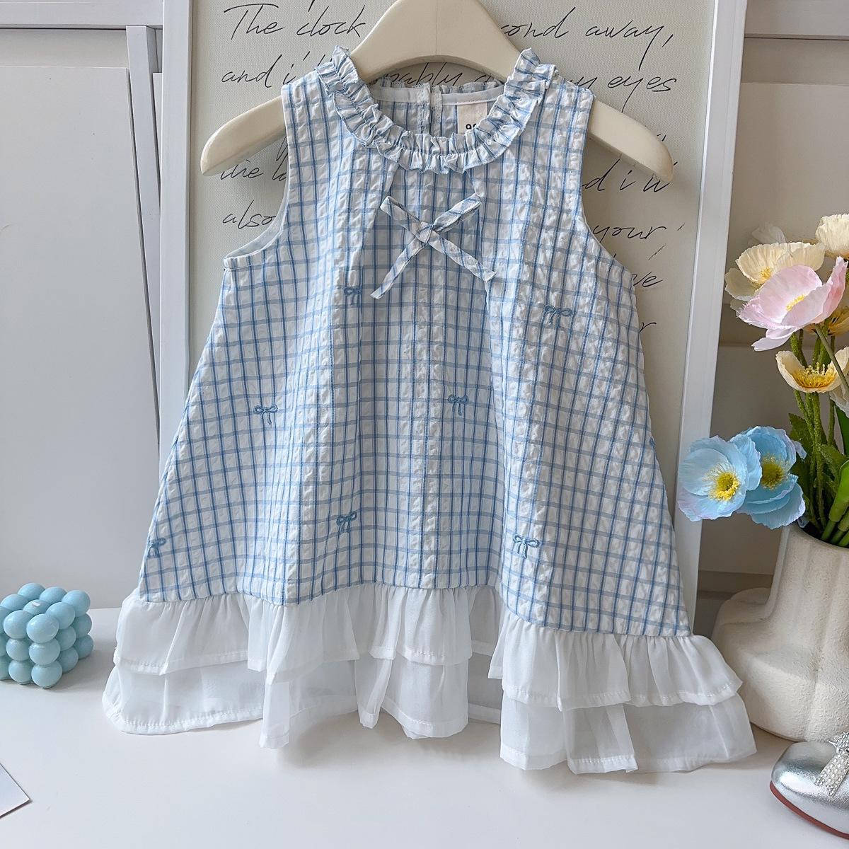Girls Korean Style Summer Plaid Bow Pinafore Dress 100