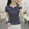 2023 Summer Women's Plus Size V-Neck Striped T-Shirt - Korean Style Slimming Short Sleeve Top