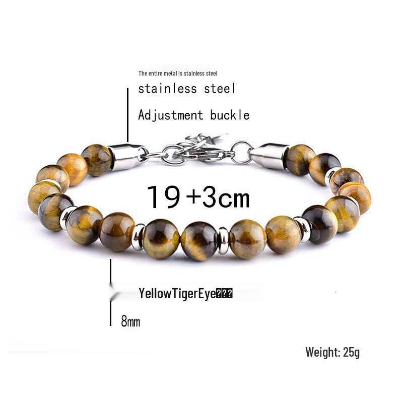 Stainless Steel Men's Adjustable 8mm Tiger Eye Bead Bracelet