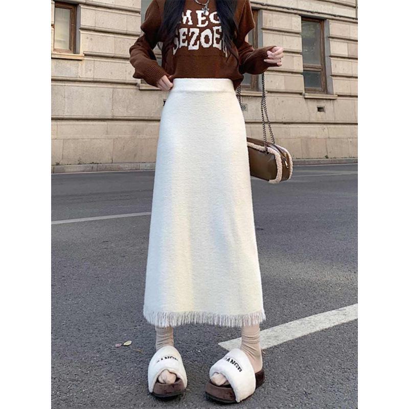 Φούστα Μίντι Α-γραμμής με Φούντες από Μινκ, Φθινοπωρινή-Χειμερινή Μάλλινη Φούστα Υψηλόμεση