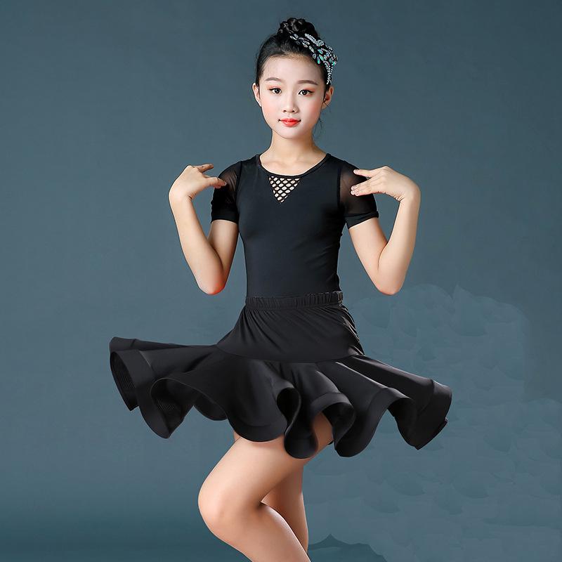 Kinder Latein-Standard Tanz Netz-Outfit - Kurzarm Rock Set für Frühling/Herbst Aufführung 150 (Height 135-145 cm) black