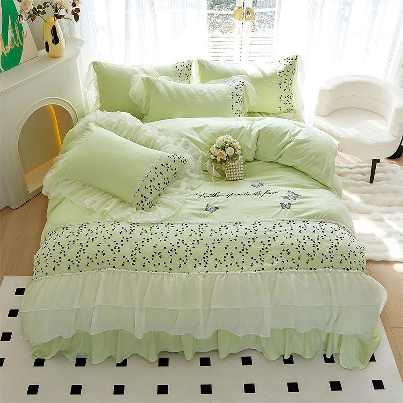 

Washed Cotton Four-piece Set Korean Princess Style Ruffled Bed Sheet Quilt Cover Set Bed Skirt Style Ins Style Bed Three-piece 1.5m 3pcs