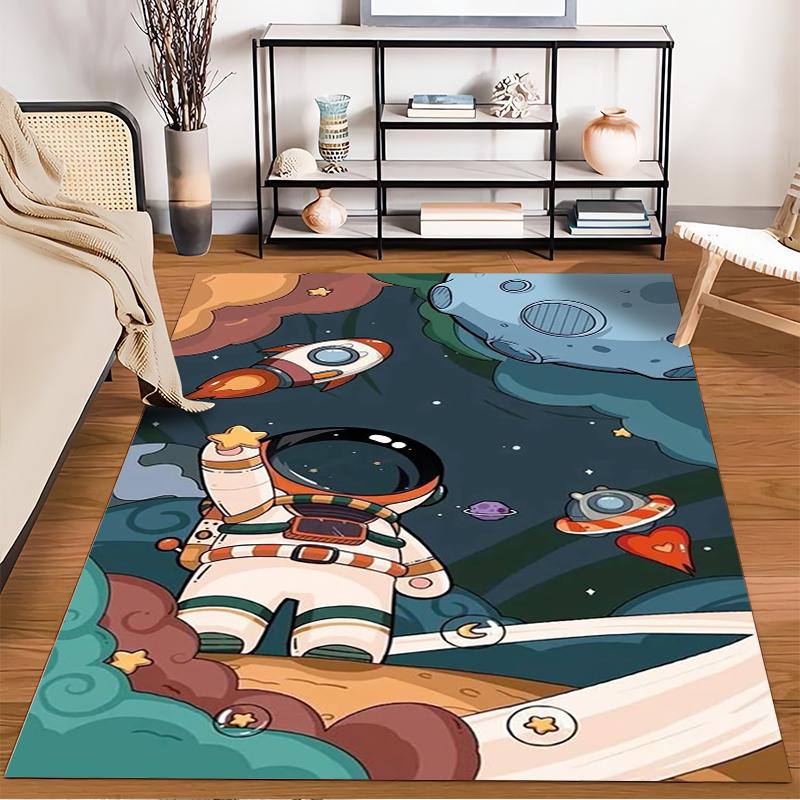 Cartoon Astronaut and Rocket Space Theme Area Rug for Kids Room Decor Suitable for use as an anti-slip for living room bedroom sofas