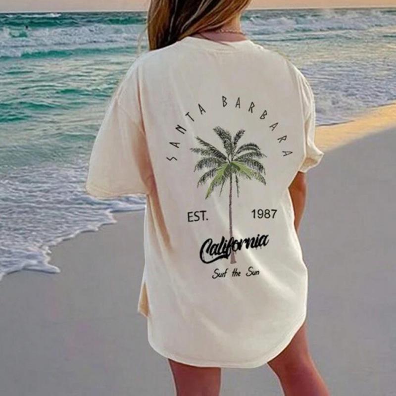 Women's Coconut Tree & Letter Print Drop Shoulder Sleeve Tee- Fashion Short Sleeve Top