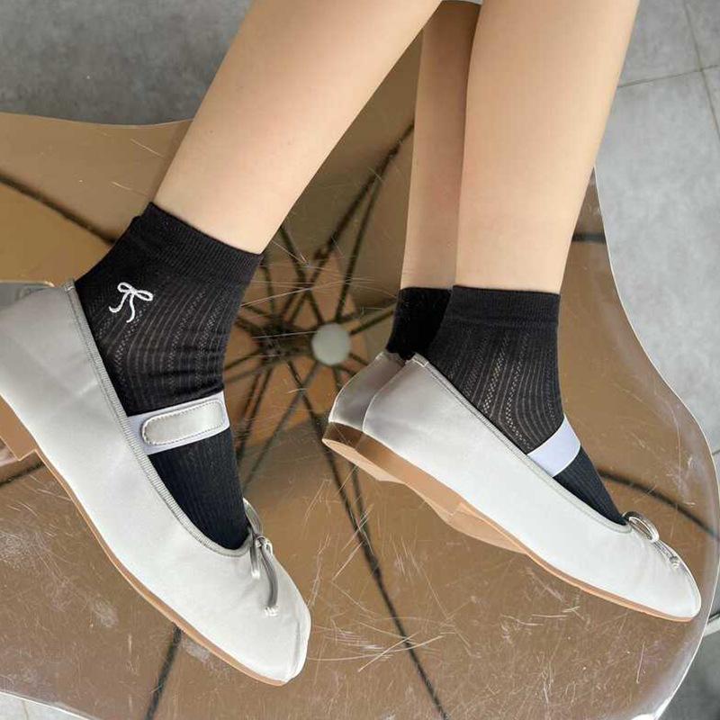 Female Summer Thin Model Lovely Bow Embroidery Hollow Out Mesh Socks