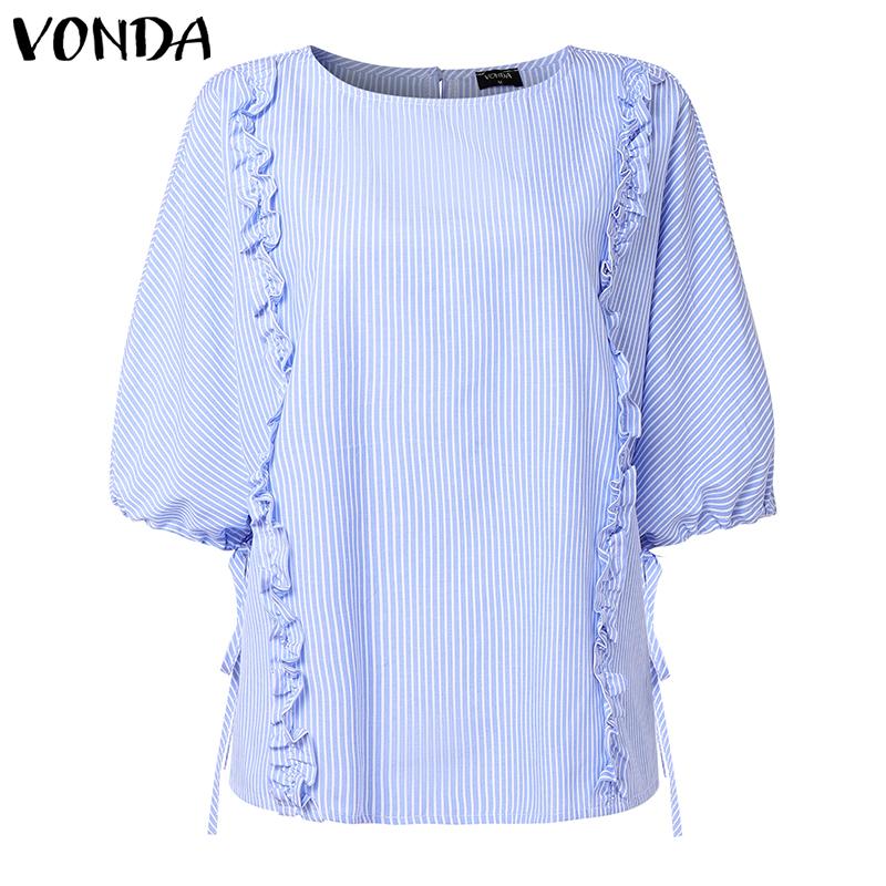 VONDA Women Turn Down Collar 3/4 Sleeve Striped Ruffled Casual Loose Blouse