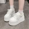 Fashion New 7.5CM Thick Soled Air Mesh Genuine Leather Mesh Breathable Hollow Casual Sneaker Platform Flats White Shoes for Women Summer