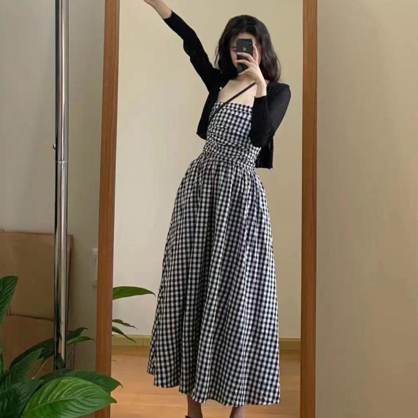

Женский костюм, новинка весны и лета, новый французский сладкий клетчатый топ, платье, тонкая длинная юбка с талией, солнцезащитный кардиган, комплект из двух предметов