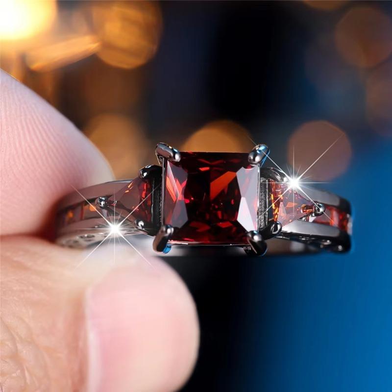 Huajie Classic Inlaid Red Square Zircon Women's Rings Banquet Party Unique Temperament Ring Trend