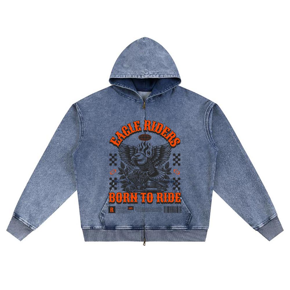 DTG print Knitted Denim Zip-Up Hoodie streetwear Motorcycle Brother Print Zipper Hoodies