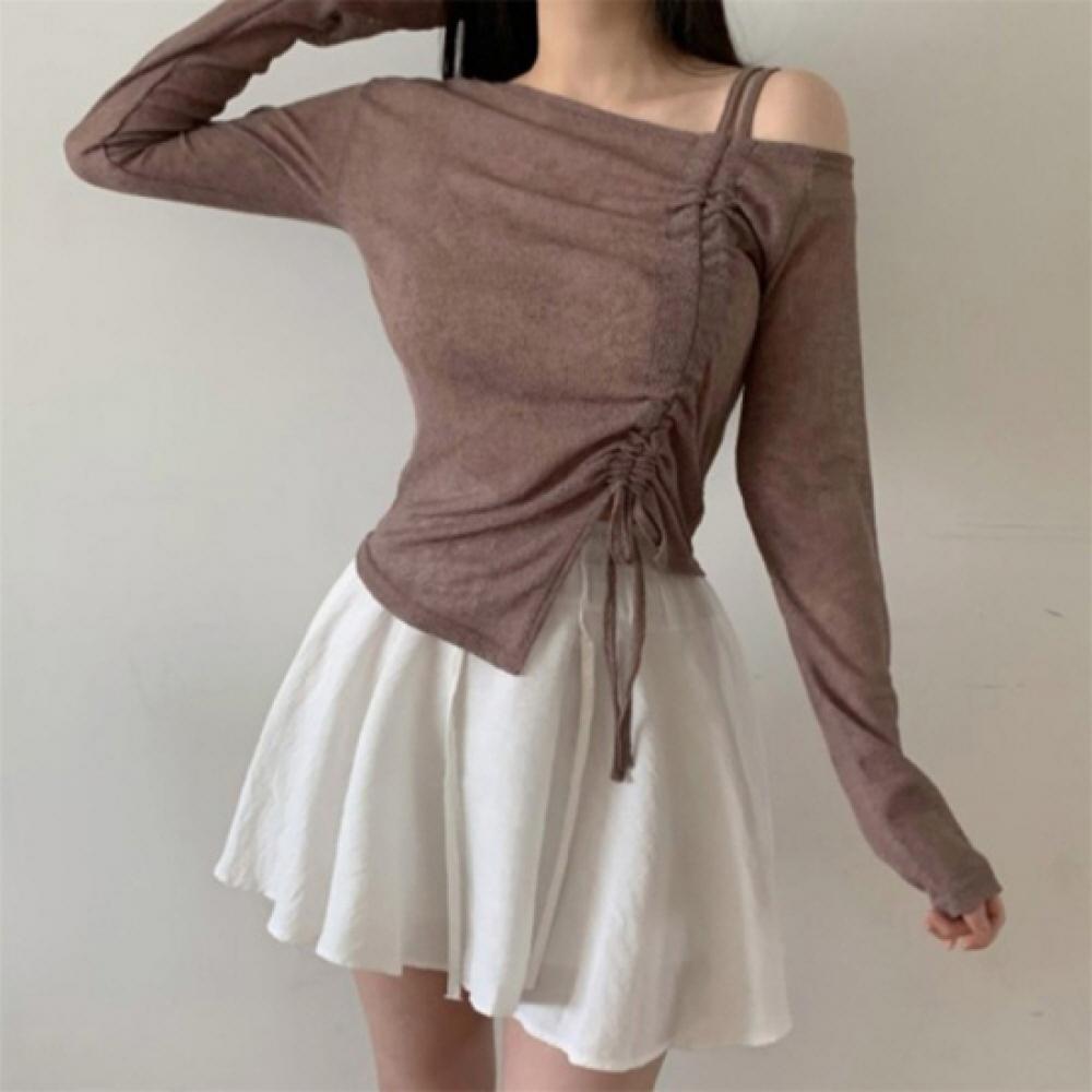 New Arrivals Open Run Women Off Shoulder Long Sleeve T shirT Unbalanced