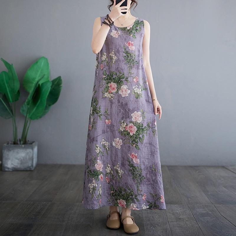 Sleeveless Plus Size Cotton Vintage Floral New In Dresses for Women Casual Loose Long Summer Dress