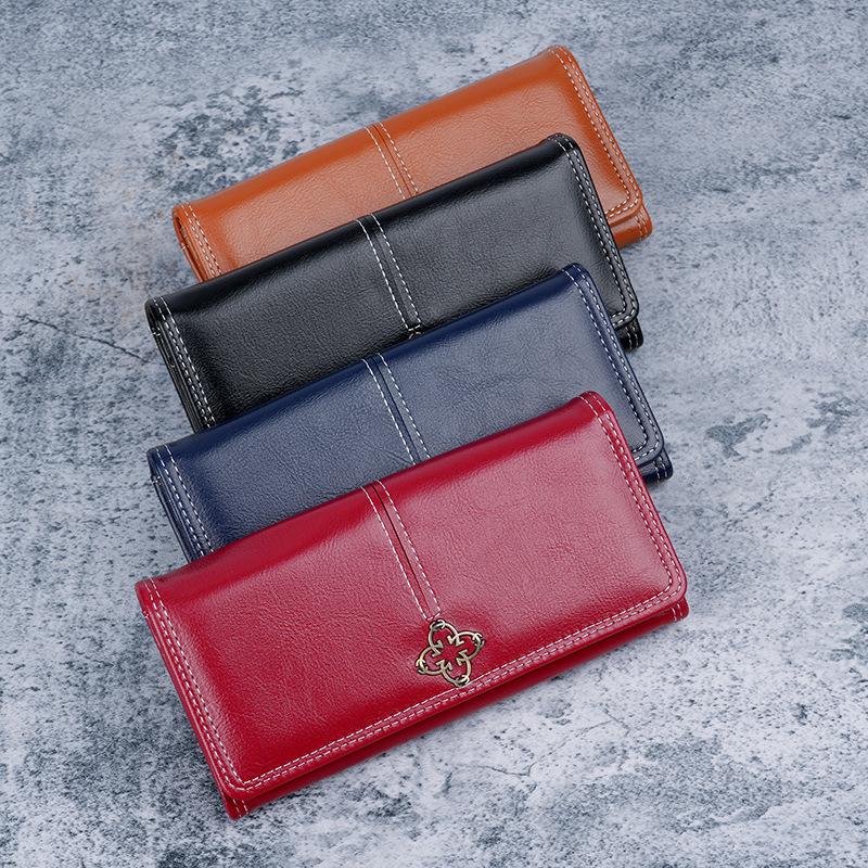 Wallet Lady Long Style Oil Wax Leather Money Clip Retro Zippered Large Capacity Handbag Women