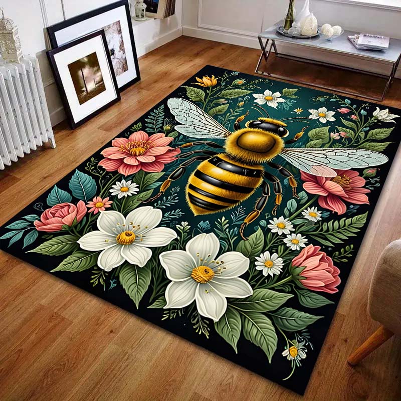 HD Bees and Flowers Print Carpet for Living Room Bedroom Bedside Sofa Table Floor Mat Home Area Rug Decoration Gifts