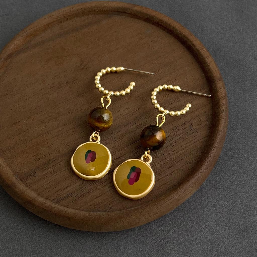 Retro Melaard Tiger's Eye Handmade French Light Luxury Stud Earrings for Women